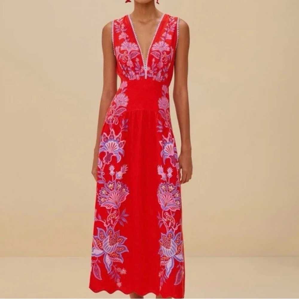 FARM Rio Red Porcelain garden linen midi dress